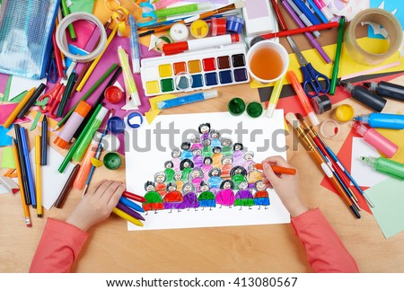 cartoon people team collection group portrait child drawing , top view hands with pencil painting picture on paper, artwork workplace