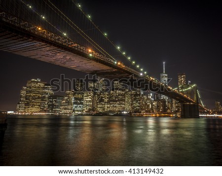 Night view on Manhattan and Brooklyn bridge, New York City, USA