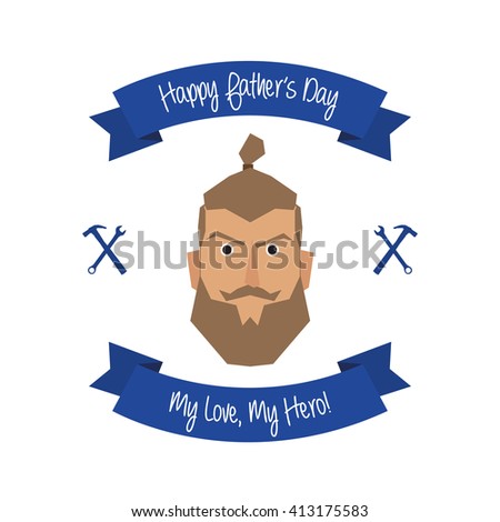 Isolated geometric dad face on a white background with a pair of ribbons and text