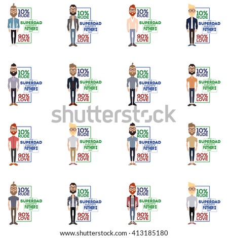 Set of illustrations with men with trendy clothes and text on a white background