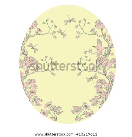 Oval card in chinoiserie style with peonies, dragonfly and bird on white background for wedding, scrapbooking, wallpaper and other design.