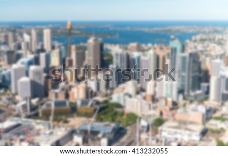 Sydney, blurred aerial skyline view.