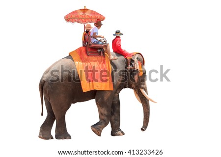Tourists on an ride elephant tour of the ancient city isolated on white background with clipping path