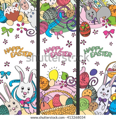 Set of creative colorful banners for Happy Easter. Cute Easter symbols in every poster. Bunnies, eggs, cakes drawn in stylish cartoon style. Greeting card design with congratulations. 