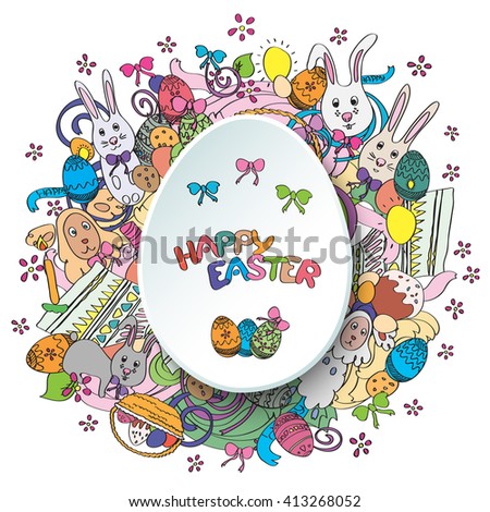 Happy easter colorful greeting card in . Text is written on the egg in the middle of illustration. Funny rabbits, cakes, spring flowers and baskets. Stylish holiday background in cartoon style