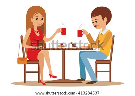 Couple sitting in the cafe, flirting and talking about something. Boy and girl on date. Vector illustration isolated on white background of template for menu, brochure.