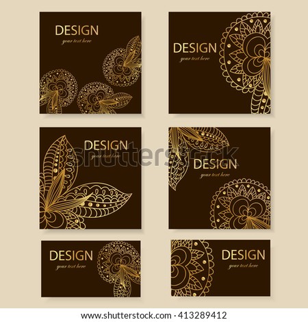 design templates business cards in gold, flyers, invitations, abstract flowers Doodle