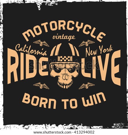 Motorcycle label with hand drawn skull and a helmet. Vintage label. T-shirt design. 