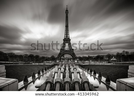 Eiffel Tower and Trocadero at Sunrise with fast moving clouds, Paris, France (Black & White)