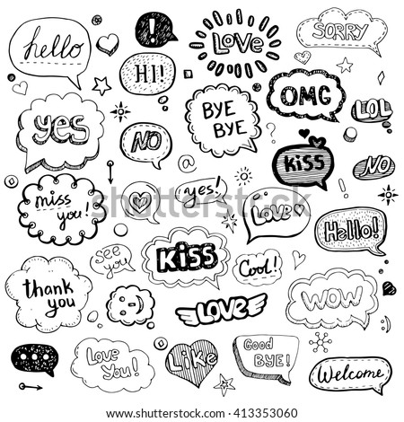 Hand drawn set of speech bubbles with dialog words: Hello, Love, Bye, Hi. Vector illustration.