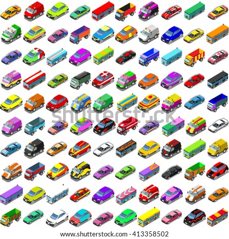 Car Auto Automobile. Vector Isometric flat Vehicles Collection Cars and Van. Transport Icons. Colorful 3D Auto Automobile Icon Set. Infographic Insight 3D Cars Isolated elements Vector Illustration.