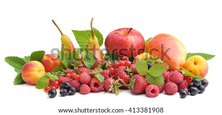 Different sorts of fruit and berry.Strawberries, raspberries, currants, pears, apple and apricots.