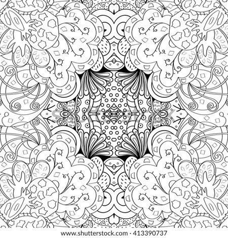 Tracery monochrome binary pattern. Mehendi carpet design. Ethnic colorful harmonious doodle texture. Indifferent discreet. Black and white. Curved doodling mehndi motif. 