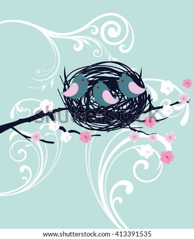 vector illustration of bird nest card with swirls and flowers