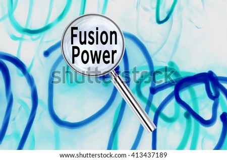 Magnifying lens over background with text Fusion Power, with the long exposure lights visible in the background. 3D rendering.