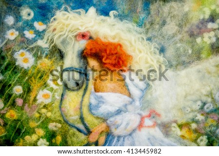 felting wool - contemporary art - handmade. Picture. Girl painting on a white horse on a flower meadow