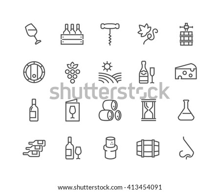 Simple Set of Wine Related Vector Line Icons. 
Contains such Icons as Wine Press, Winery, Nose, Cork, Cheese, Menu Vineyard and more. 
Editable Stroke. 48x48 Pixel Perfect.  Royalty-Free Stock Photo #413454091