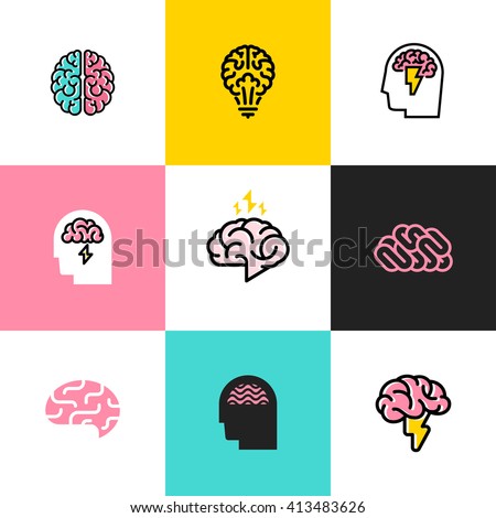 Brain, brainstorming, idea, creativity logo and icon. Set of flat line style vector illustrations