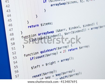 Software developer programming code. Abstract computer script code