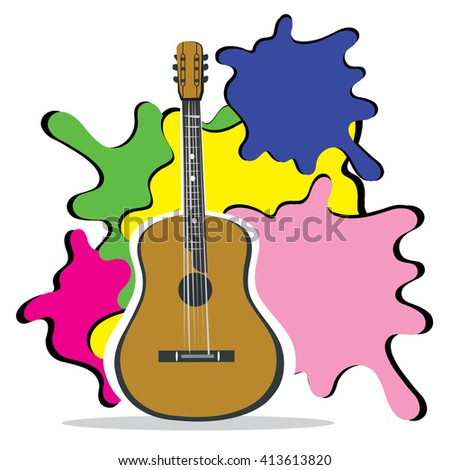 Vector illustration of classical guitar with colored blots on background