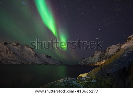 Northern light (aurora borealis) in a narrow fjord with white mountains