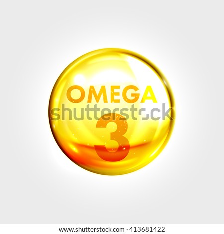 Omega 3 gold icon. Vitamin drop pill capsule. Shining golden essence droplet. Beauty treatment nutrition skin care design. Vector illustration. Royalty-Free Stock Photo #413681422
