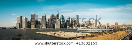 Manhattan skyline from Brooklyn promenade vintage effect,