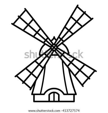 Cartoon windmill icon with four sails in an outline vector design for kids