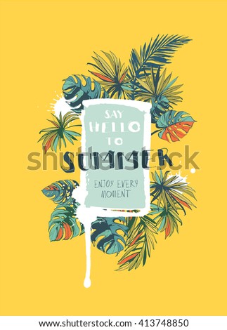 Vector illustration Tropical floral summer party poster with monstera  palm leaves. Ink splatter grunge style background.Texture party invitation