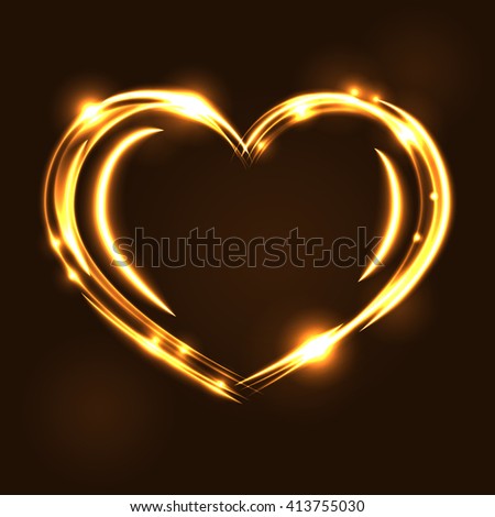 Gold heart light tracing effect. Glowing magic fire trace. Sparkle swirl trail, on black background. Glitter lines, flying sparkling flash lights. Symbol of love, Valentine day Vector illustration