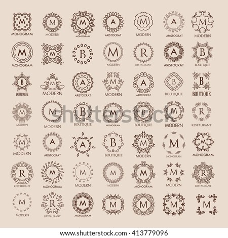 Big bunch of luxury, simple and elegant monogram design templates. Good for labels and logos. Vector illustration. Line style.   Vector  Logo design.  Royalty-Free Stock Photo #413779096