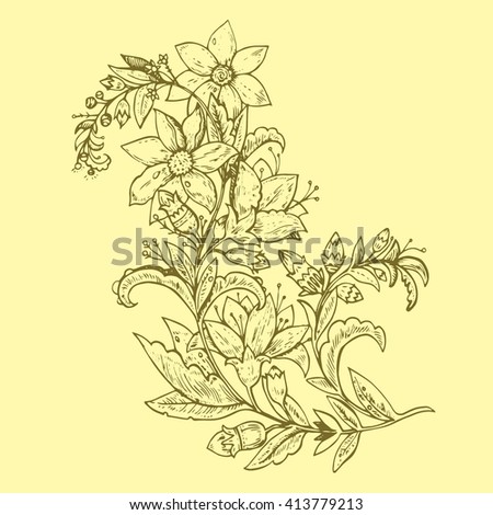 Hand drawn vector floral decorative vintage branch. 