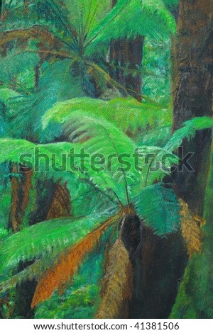 original oil painting on canvas for giclee, background or concept. Rainforest environment landscape