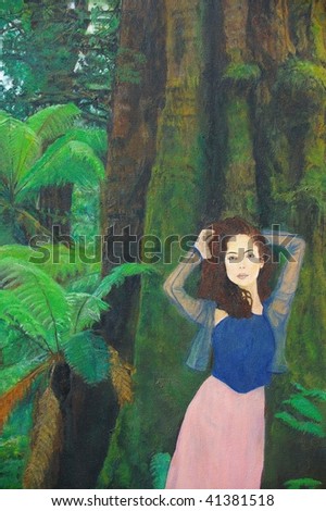 original oil painting on canvas for giclee, background or concept. Rainforest environment landscape with woman psoing