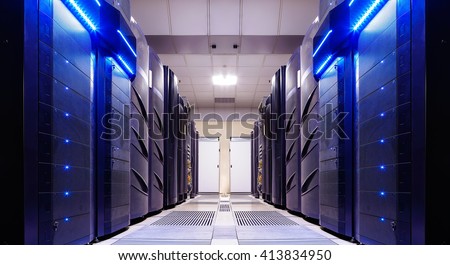 modern server room symmetry ranks supercomputers light Royalty-Free Stock Photo #413834950