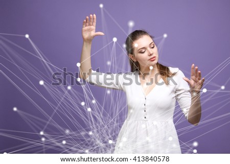 Global network concept, woman working with futuristic computer interface.