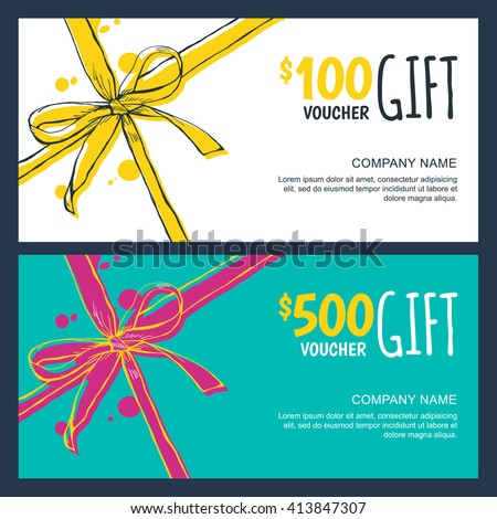 Vector gift vouchers with bow ribbons, white and blue backgrounds. Creative holiday cards or banners. Design concept for gift coupon, invitation, certificate, flyer, ticket. Royalty-Free Stock Photo #413847307