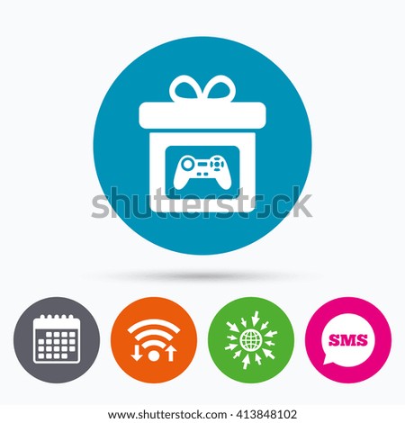 Wifi, Sms and calendar icons. Gift box sign icon. Present with video game joystick symbol. Go to web globe.
