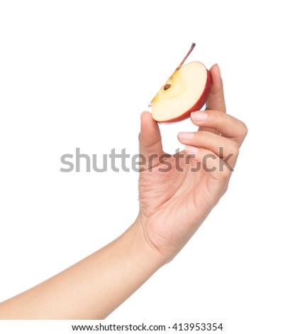 Hand hold slice of red apple isolated on white background