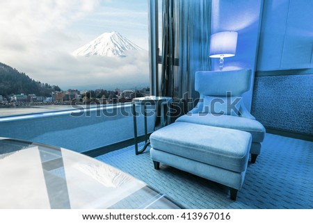 Retouch Sofa in living room in fuji mountain background 