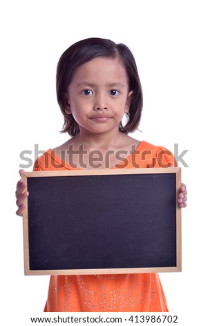 little girl hold blackboard isolated in white