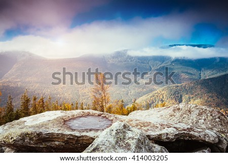 Great view of the magic valley under blue sky. Dramatic scene and picturesque picture. Location place Carpathian, Ukraine, Europe. Beauty world. Retro and vintage style. Instagram toning effect.