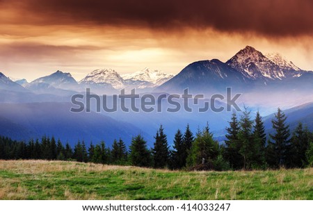 Fantastic views of the mountain range with snow peaks at twilight. Dramatic and picturesque scene. Location place Salzburg. Austria, Europe. Artistic picture. Beauty world. 