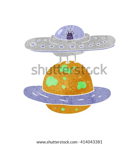 freehand retro cartoon flying saucer