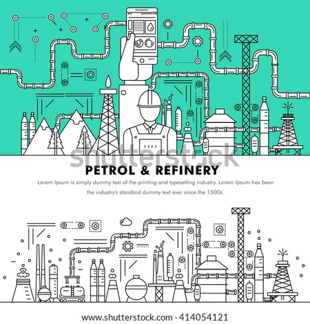 Modern petrol industry thin block line flat color icons and composition with gas station technology and development gasoline program  Royalty-Free Stock Photo #414054121