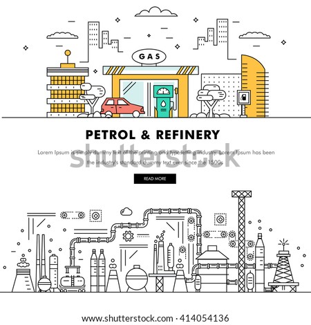 Modern petrol industry thin block line flat color icons and composition with gas station technology and development gasoline program  Royalty-Free Stock Photo #414054136