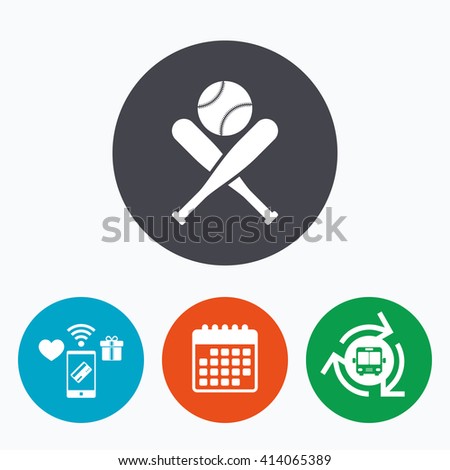 Baseball bats and ball sign icon. Sport hit equipment symbol. Mobile payments, calendar and wifi icons. Bus shuttle.