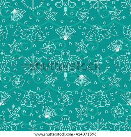 Vector seamless pattern with Nautical Anchor, steering wheel, fishes,octopus, starfish and shell on dark turquoise  background. Perfect for wallpaper, wrapping paper, web page background.