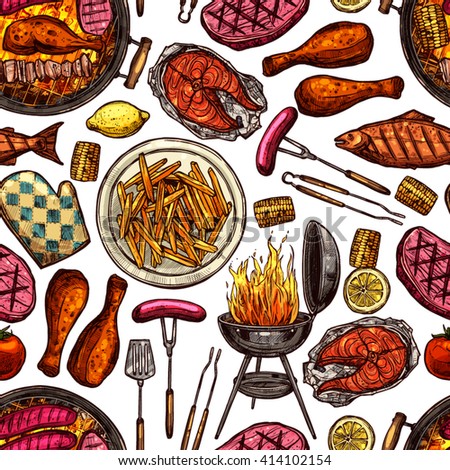 Bbq Barbecue Grill Color Sketch Seamless Pattern