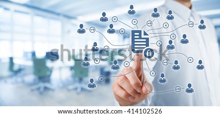 Corporate data management system (DMS) and document management system with privacy theme concept. Businessman click on protected document connected with users, access rights symbolized by key. Royalty-Free Stock Photo #414102526